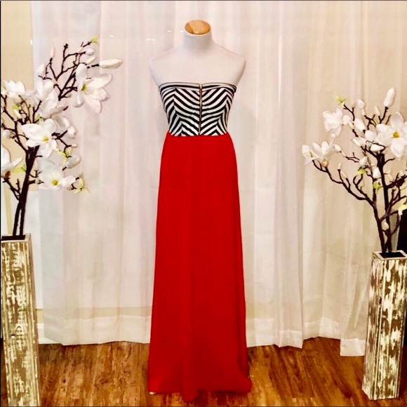 Iris Dresses & Skirts - Strapless Red Striped Maxi Dress
